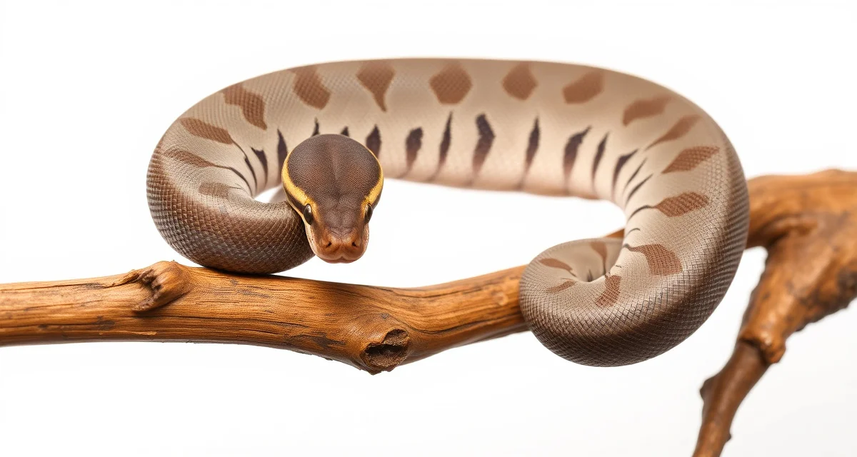 Asphalt morph ball python appearance and genetics Asphalt ball python morph displaying gray-brown coloration and distinctive pattern on natural wood perch