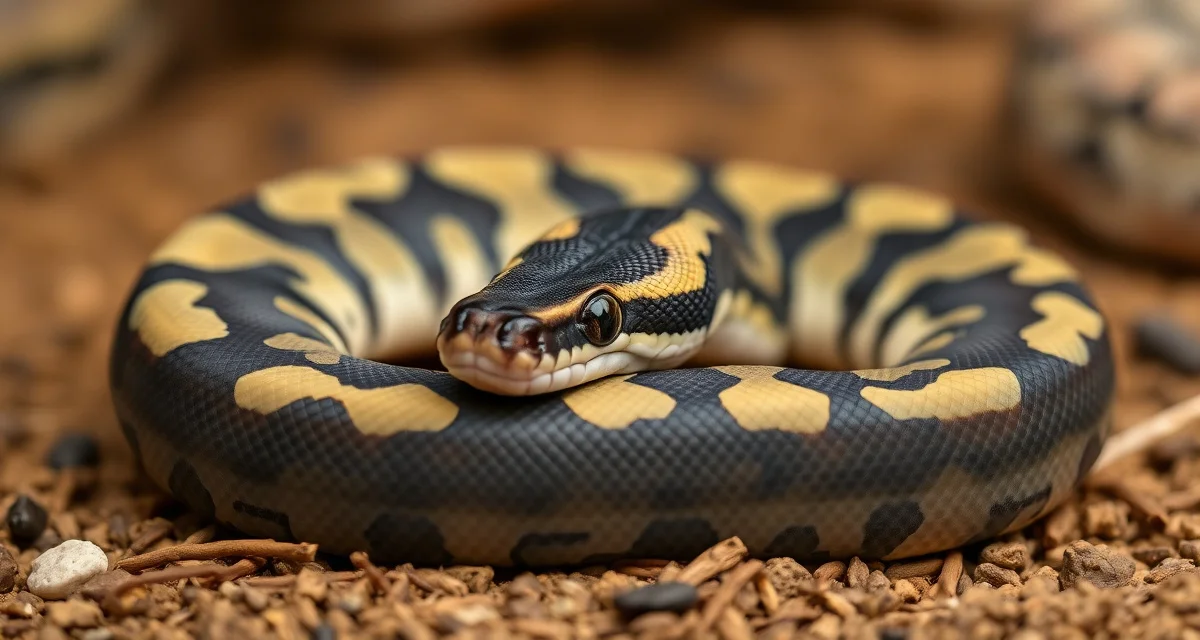 Premium asphalt pastel ball python morph example Asphalt pastel ball python displaying characteristic dark charcoal base with yellow pastel markings, a popular combination morph in ball python breeding.