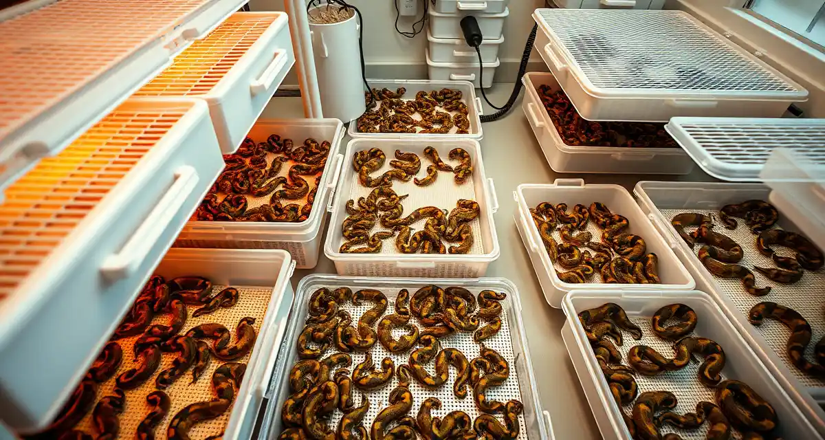 Multi-clutch hatchery production workflow Organized ball python batch hatching setup showing multiple clutches in incubation containers during hatchling processing and management.