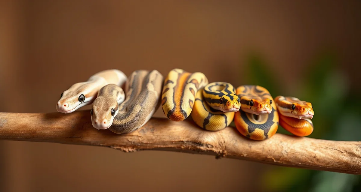 Beginner-friendly ball python morphs for breeding Five best ball python morphs for beginner breeders: Pastel, Enchi, Pinstripe, Lesser, and Fire morphs displayed on branch