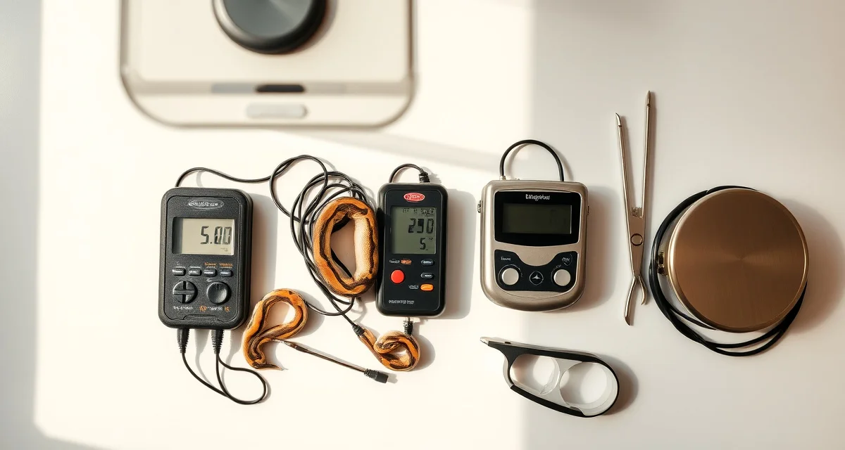 Professional breeding equipment setup Essential ball python breeding tools including incubator, thermometers, precision scale, and feeding tongs arranged for hatchery operations