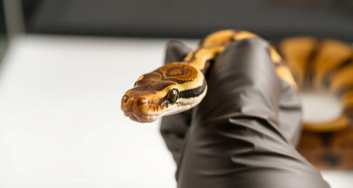 Safe handling methods for aggressive breeding ball pythons Ball python being safely handled during breeding season with proper technique to manage defensive behavior