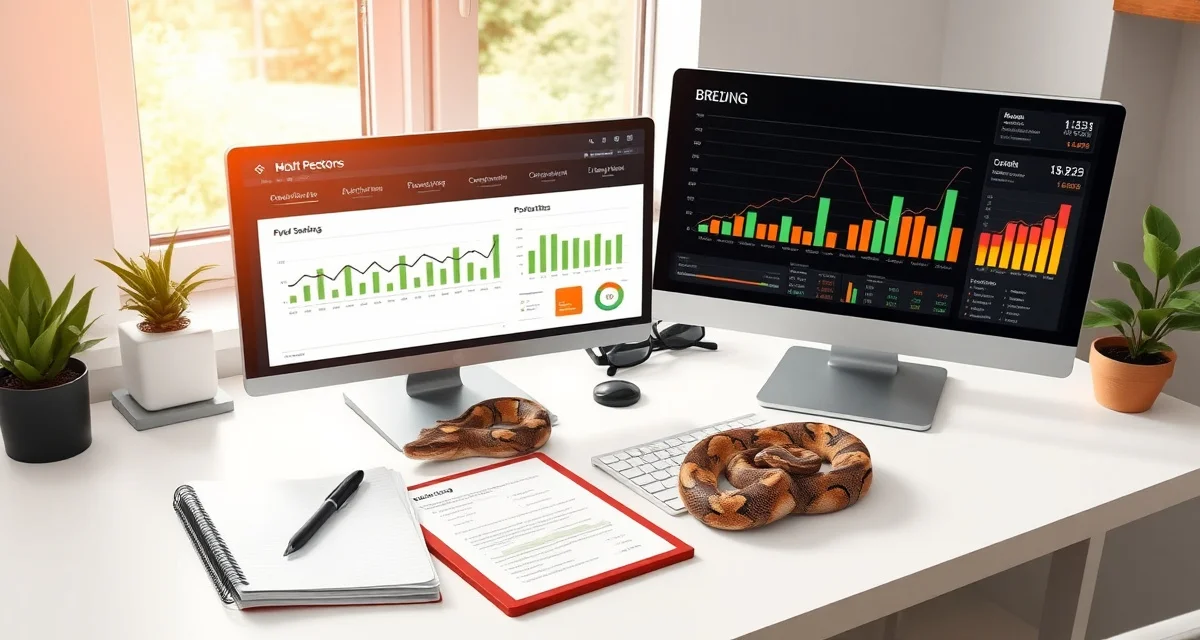 Creating a sustainable ball python breeding business plan Ball python breeder analyzing breeding business plan data on computer dashboard with financial charts and production models