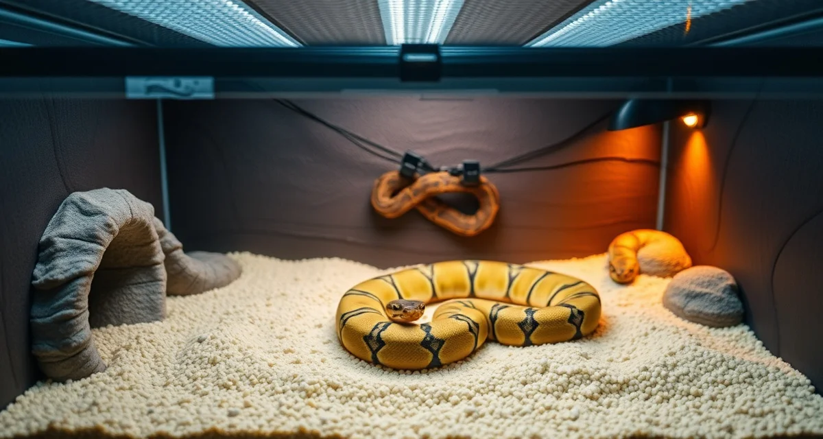 Professional breeding enclosure setup for ball pythons Optimized ball python breeding enclosure with temperature gradients, hides, and proper humidity management for breeding programs.