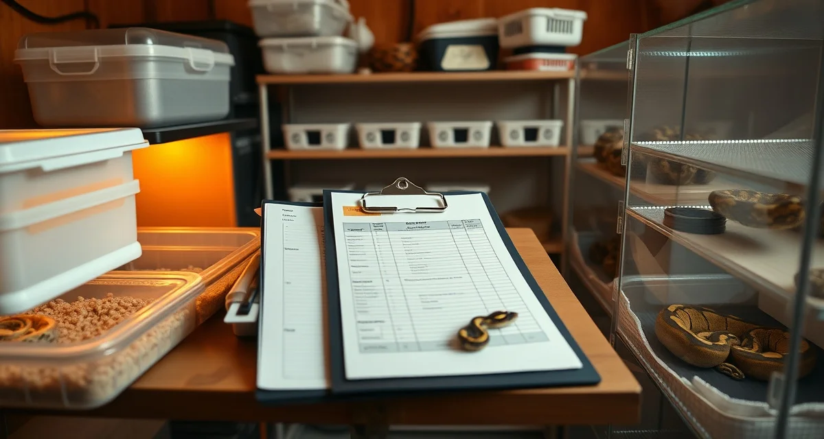 First season ball python breeding setup and hatchling documentation Ball python breeder's first season setup with incubation containers, hatchlings, and detailed breeding records documenting clutch results.
