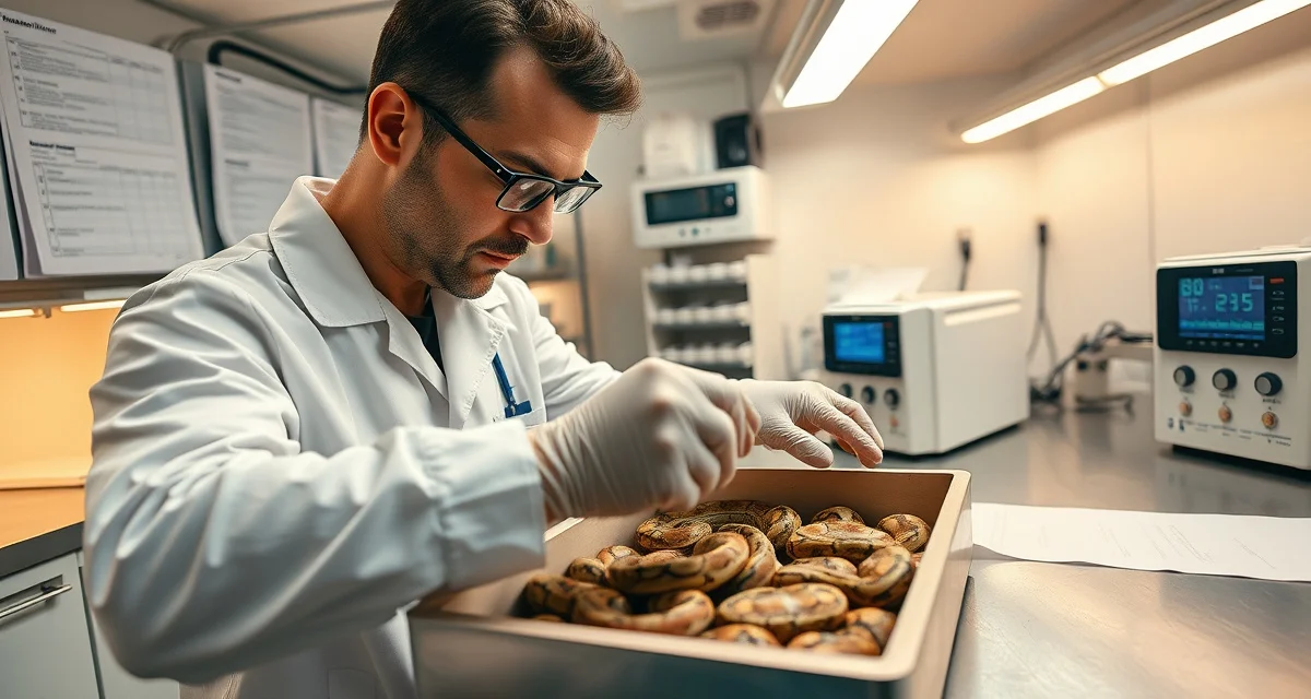 Ball Python Breeding Operation Management Professional ball python breeder managing eggs and breeding records in organized hatchery setup with incubation equipment