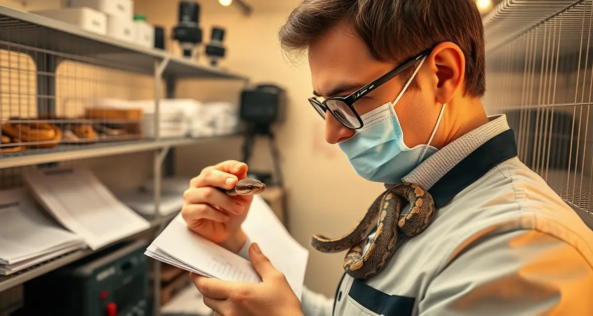 First-year ball python breeder avoiding common mistakes Ball python breeder monitoring temperature and keeping detailed breeding records to avoid first-year hatchery mistakes