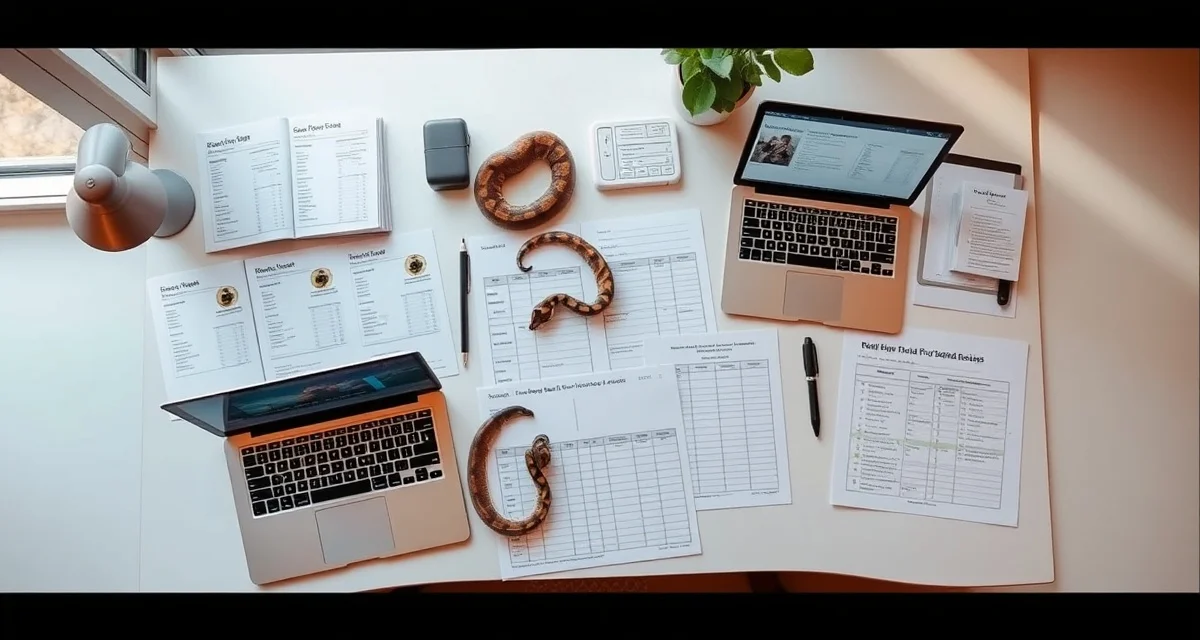Digital breeding record management for ball python collections Organized ball python breeding records and husbandry documentation system showing feeding schedules, health checks, and collection management logs for professional reptile breeders.
