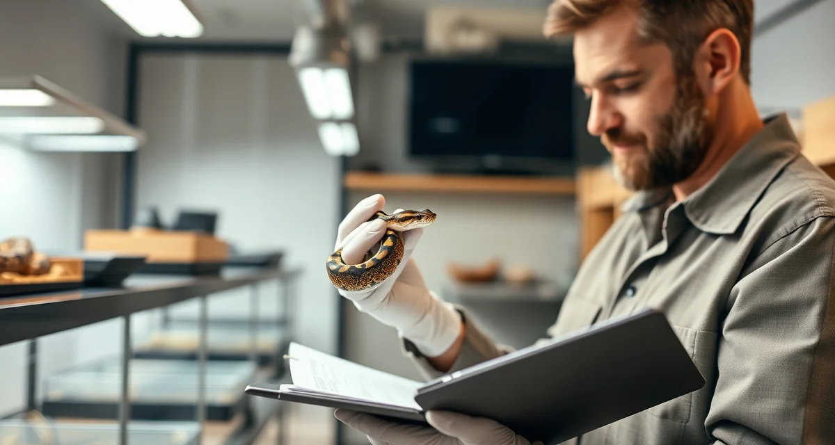 Ball python breeding retirement planning documentation Experienced breeder examining mature ball python during breeding program retirement assessment with detailed records