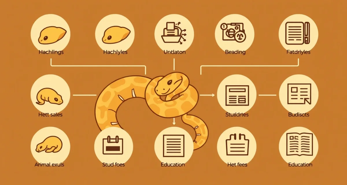 Multiple income sources for reptile breeders Diagram illustrating 8 revenue streams for ball python breeding businesses including hatchling sales, breeding animals, and stud fees.