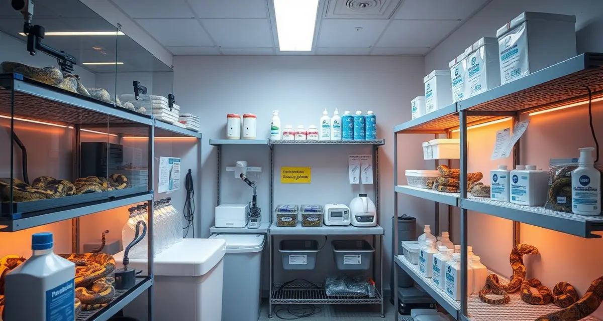 Professional herpetarium biosecurity setup Organized ball python breeding room showing biosecurity protocols with climate-controlled enclosures and sanitation supplies for disease prevention.