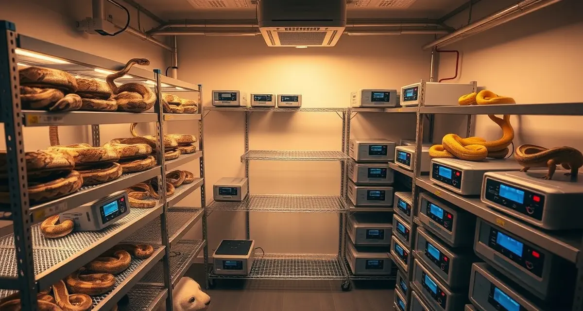 Optimal reptile breeding facility design and equipment layout Professional ball python breeding room with organized rack systems, heating equipment, thermostats, and incubation units for efficient hatchery operations.