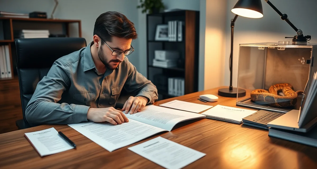 Professional breeding agreement documentation Ball python breeder reviewing written sales agreement contract for breeding pair protection and business documentation