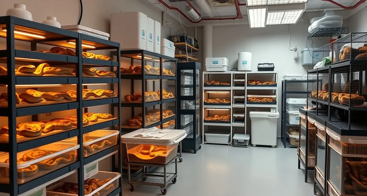 Scaling ball python breeding operations professionally Professional ball python breeder managing scaled breeding program with organized enclosure systems and record-keeping documentation in modern hatchery facility.