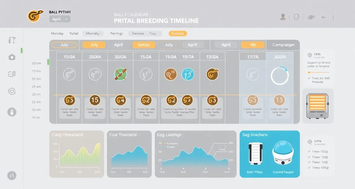 Annual ball python breeding management calendar Ball python breeding season calendar showing monthly management timeline from July through April with conditioning, cooling, breeding, and incubation phases.