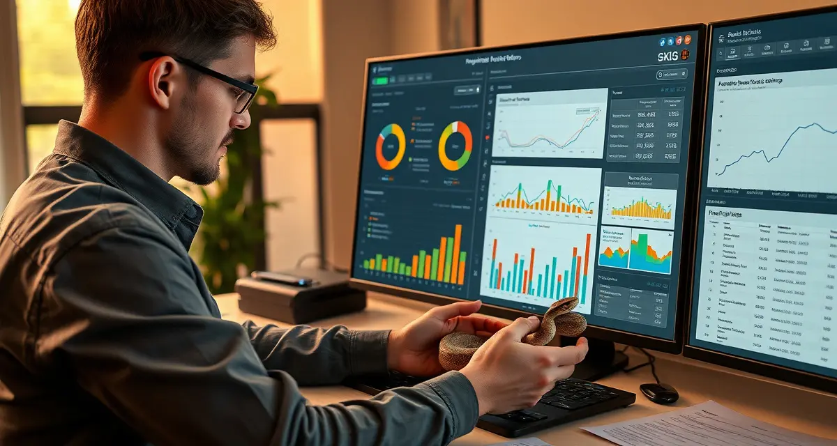 Breeding season data analysis dashboard for reptile hatcheries Ball python breeder analyzing seasonal breeding performance data and records using integrated hatchery ledger software for end-of-season review planning
