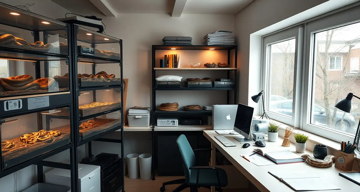 Professional ball python breeder workspace Semi-professional ball python breeding setup showing organized enclosure racks and breeding records for operational management
