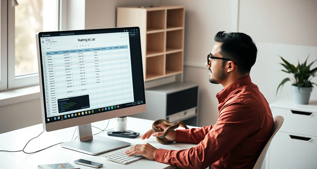 Organized waiting list management system for reptile breeders Ball python breeder managing waiting list on computer to convert buyer demand into confirmed sales