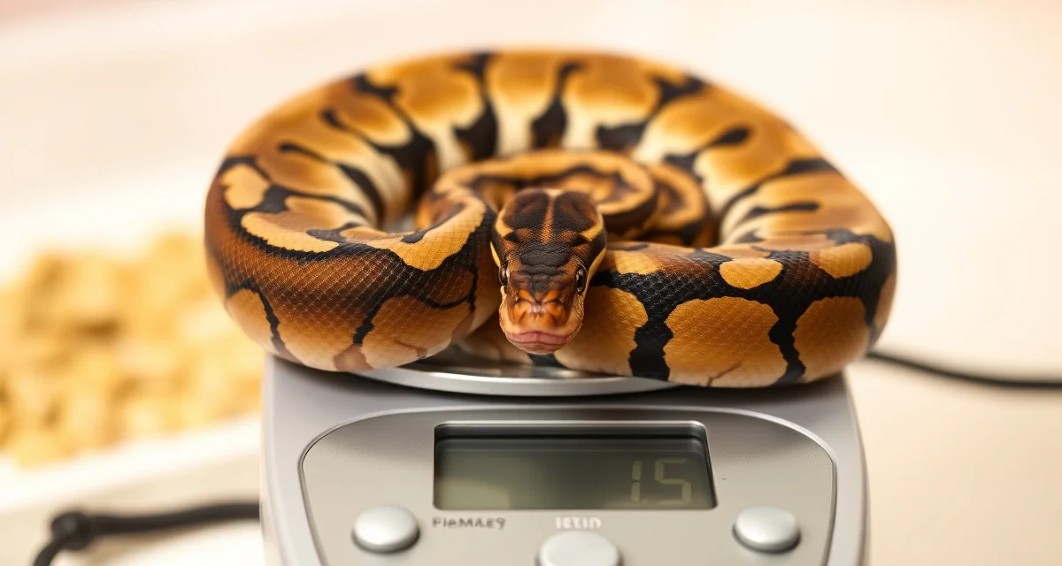 Ball python breeding readiness weight assessment Female ball python on scale displaying optimal breeding weight of 1200-1500 grams for responsible hatchery management