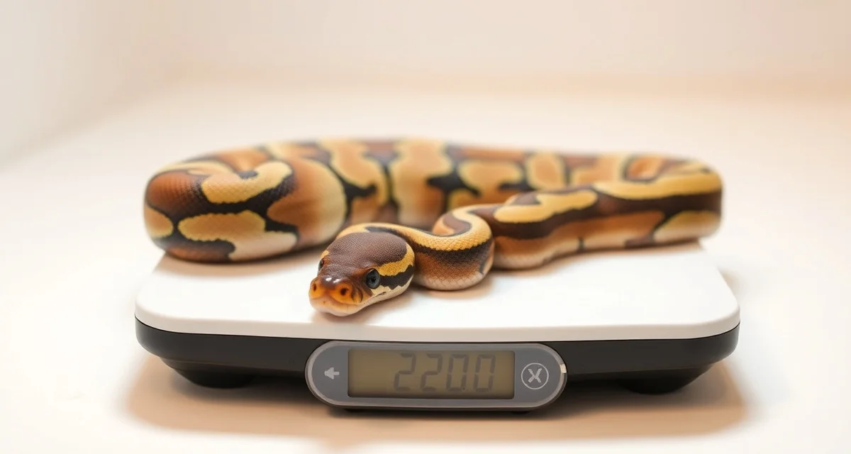 Ball python breeding weight assessment Female ball python on digital scale demonstrating proper breeding weight and body condition for hatchery programs.