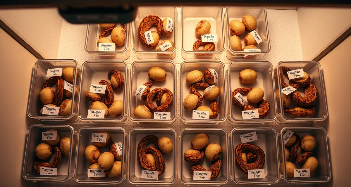 Professional ball python hatchery incubator management setup Organized ball python egg clutches in incubator with labeled containers and tracking system for managing multiple breeding clutches simultaneously