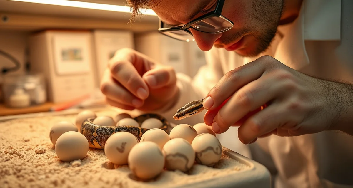 Maximizing ball python breeding clutch outcomes Ball python clutch eggs being examined for fertility and size assessment in a professional breeding environment
