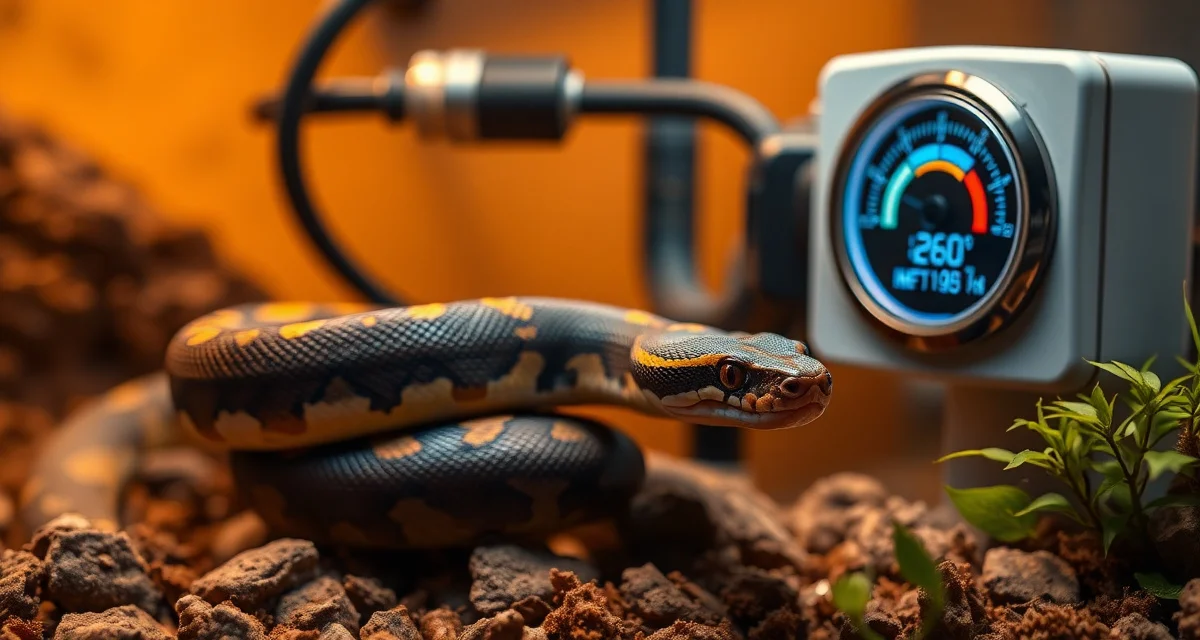 Optimal cooling conditions for ball python breeding cycles Ball python cooling setup for breeding with temperature monitoring equipment in terrarium enclosure