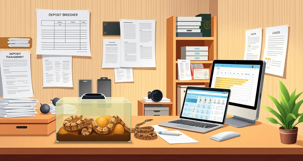 Professional deposit tracking for reptile breeding businesses Ball python breeder managing customer deposits and preorders using organized ledger system for hatchery business operations.