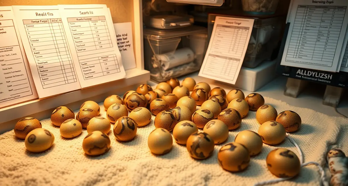 Advanced ball python breeding clutch documentation Ball python eggs organized in incubation nest box with detailed record-keeping documentation for clutch management and hatch tracking