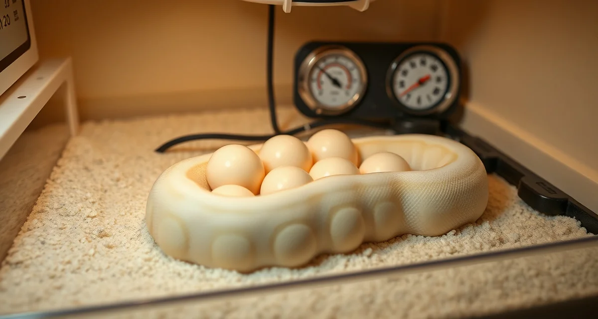 Proper ball python incubation conditions and equipment Ball python eggs incubating in controlled temperature and humidity setup with monitoring equipment for breeding success.
