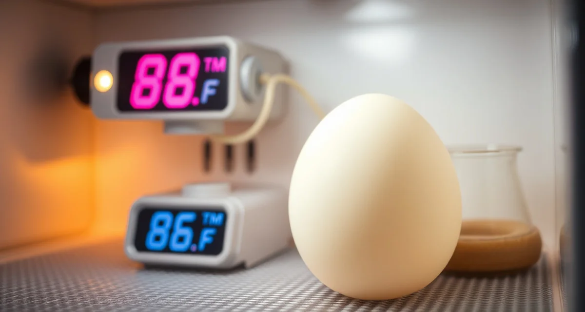Optimal ball python incubation temperature control Ball python egg in incubator displaying optimal 88.5°F incubation temperature for healthy clutch development