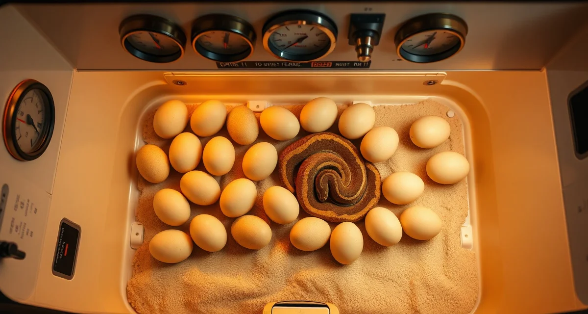 Professional egg incubation setup for ball python breeding Ball python eggs in artificial incubator with temperature and humidity monitoring equipment for optimal egg pulling and incubation management