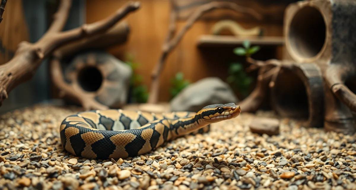 Enriched ball python habitat for optimal breeder health Ball python in enriched enclosure with natural substrate, branches and hides promoting behavioral health for breeding success