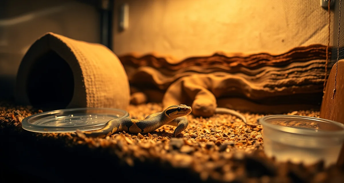 Proper enclosure sizing for young ball pythons Ball python hatchling in appropriately sized enclosure with hide and water bowl demonstrating proper hatchling housing setup