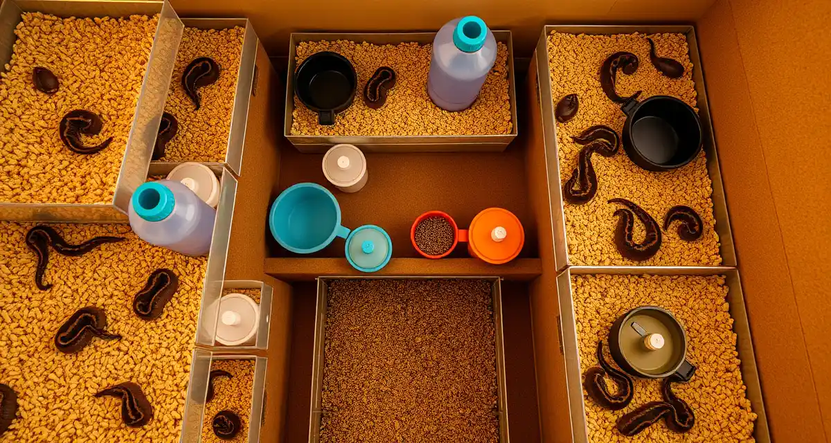 Professional rodent colony management for reptile breeders Organized feeder rodent colony setup for ball python breeders showing multiple enclosures with proper feeding and hydration systems.