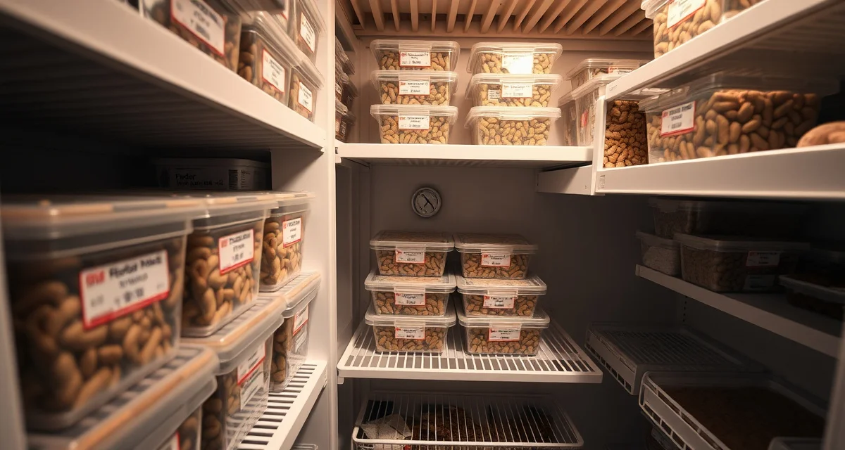 Feeder rodent storage and organization for reptile breeders Organized freezer storage system displaying frozen feeder rodents in labeled containers for ball python breeding operations