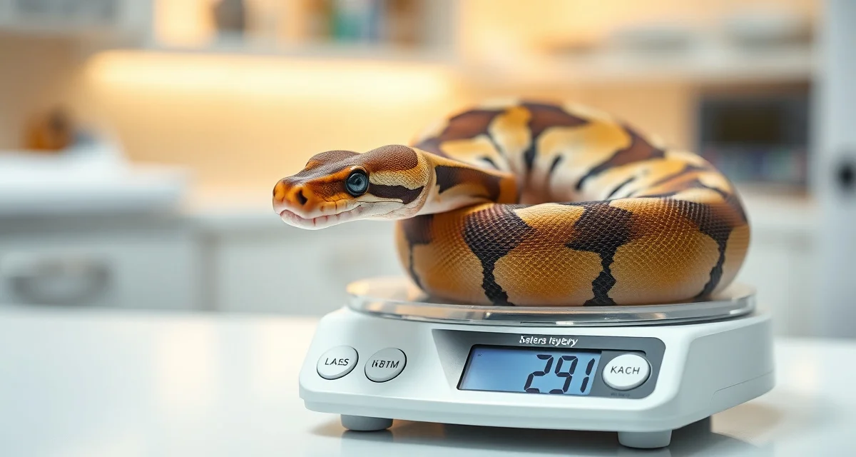 Accurate weight monitoring for breeding female ball pythons Female ball python being weighed on a digital scale for breeding season weight tracking and management.