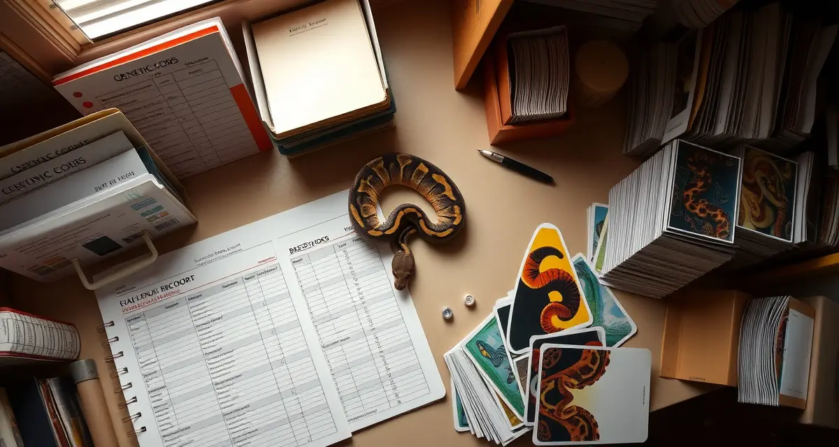 Genetic compatibility assessment for ball python breeding pairs Ball python breeder reviewing genetic pairing selection records and compatibility charts for optimal breeding outcomes
