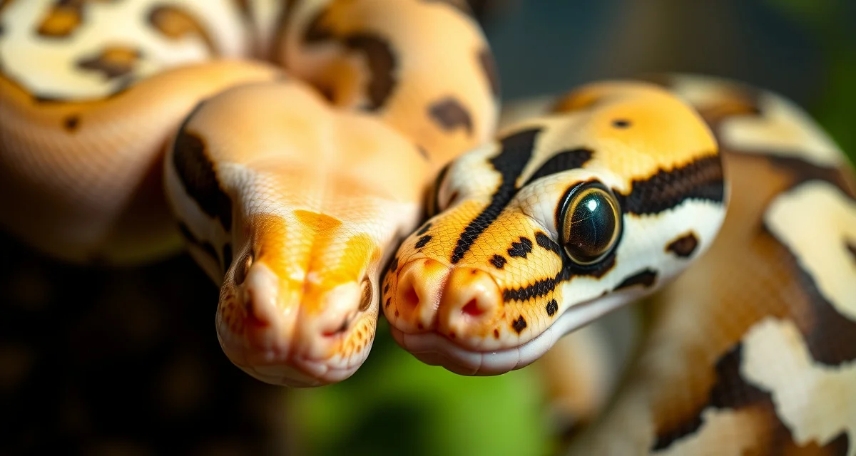 Advanced ball python morph combinations for breeding Ball python GHI and Black-Eyed Leucistic morphs displayed together showing advanced breeding combination characteristics and genetic color expressions.