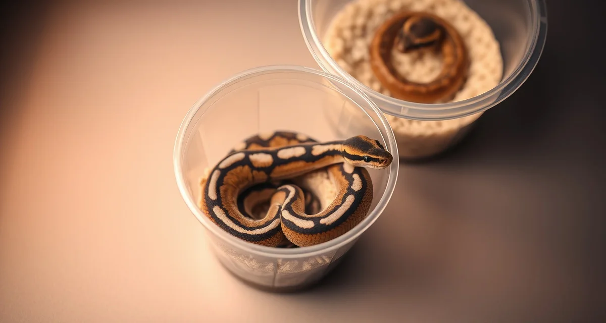 Proper ball python hatchling housing setup Ball python hatchling in deli cup during hatchling season management and care process