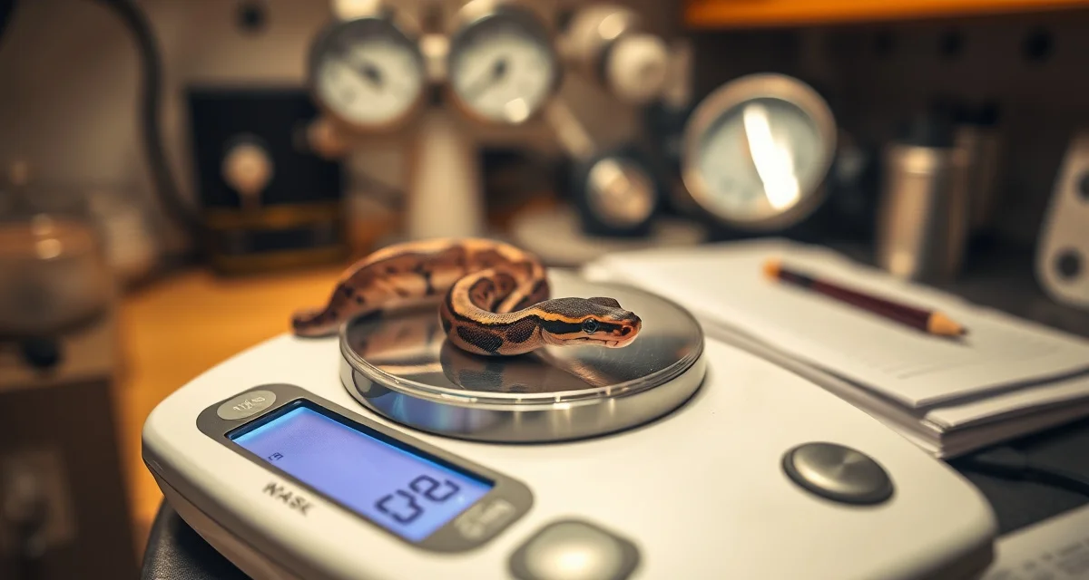 Measuring hatchling weight for health assessment Ball python hatchling being weighed on a digital scale to track growth and health metrics from hatch date.