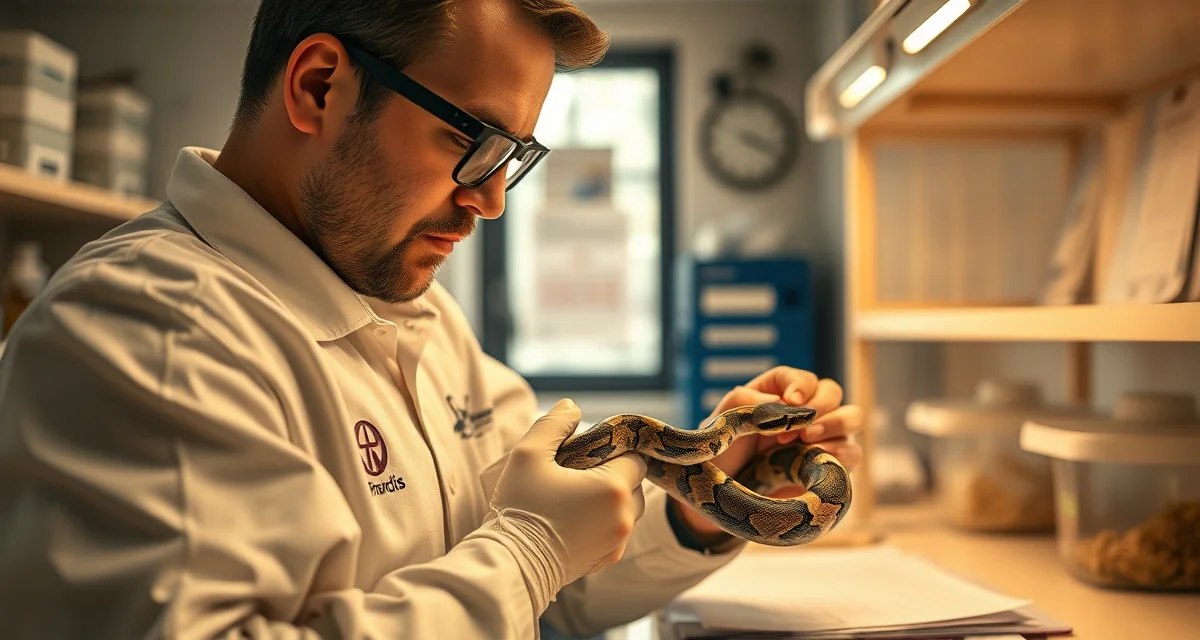 Professional ball python health monitoring for breeders Ball python health check examination by experienced reptile breeder using preventive care protocols and integrated hatchery management software.