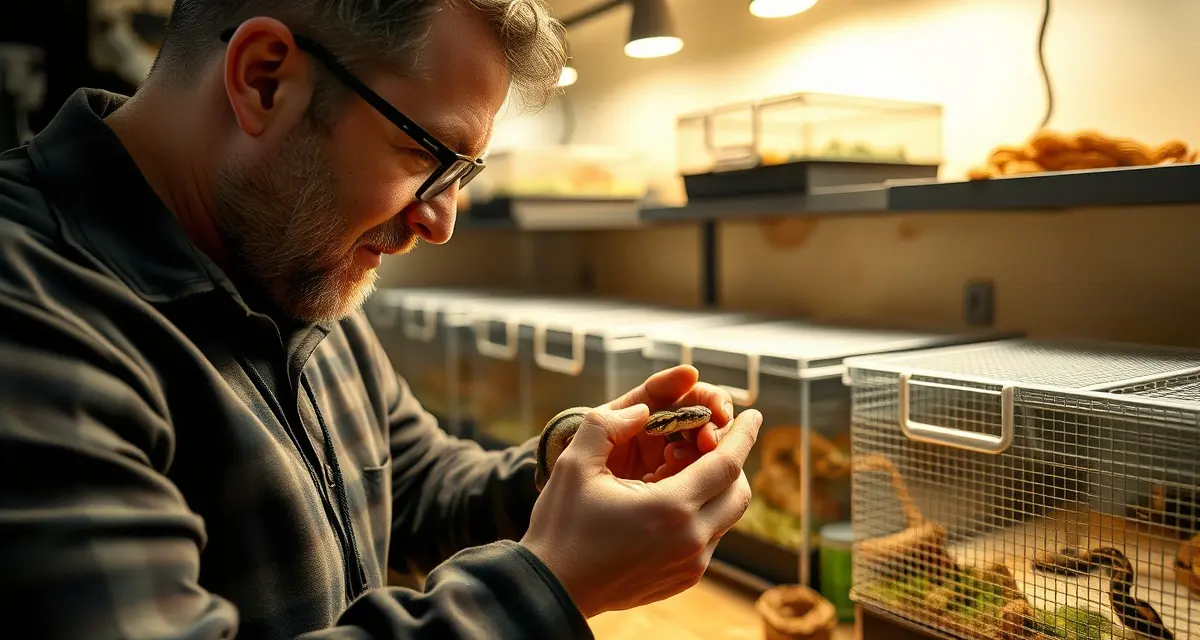 Hobbyist ball python breeding operation Ball python hobbyist breeder inspecting a hatchling in a professional home breeding setup with organized enclosures