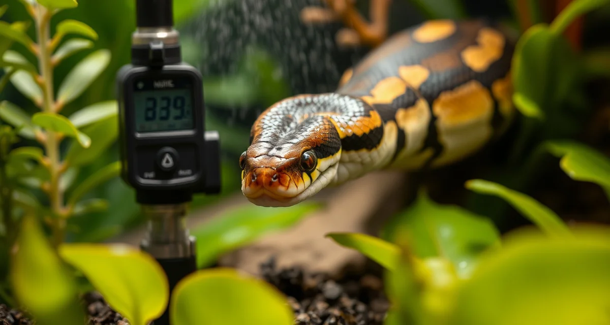 Advanced humidity control for ball python breeding Ball python humidity monitoring setup showing digital hygrometer and misting system in naturalistic breeding enclosure