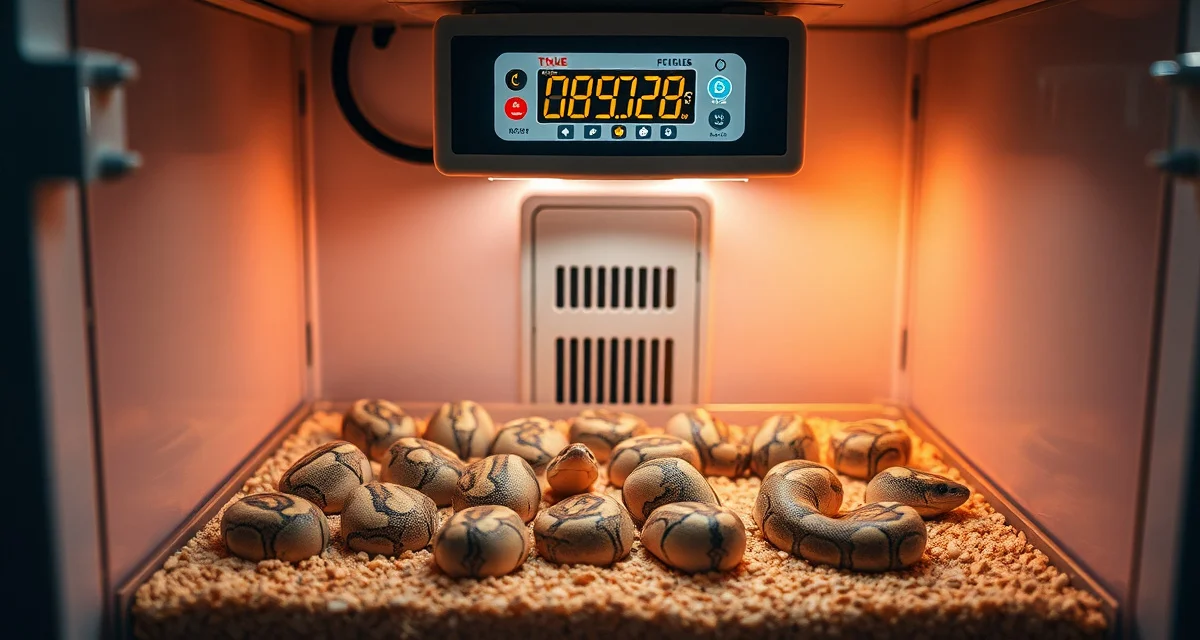 Optimal incubation setup for ball python breeding Ball python eggs in incubator with digital temperature monitoring display showing optimal incubation conditions for hatchling development