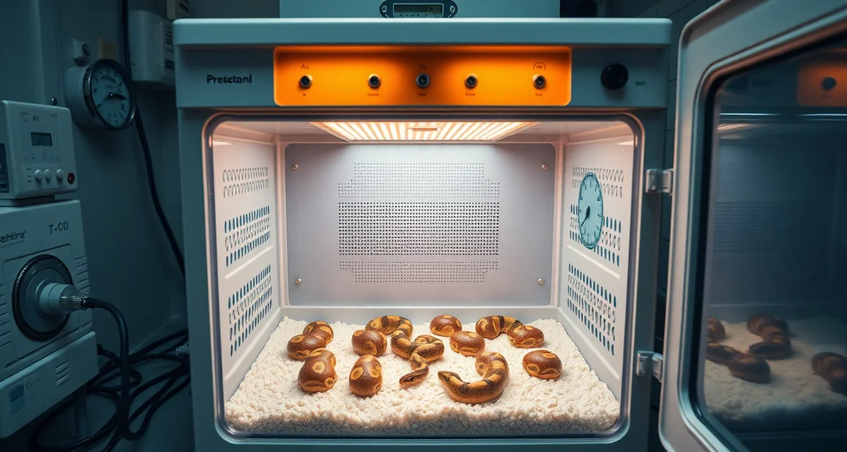 Professional reptile egg incubation equipment setup Ball python incubator displaying optimal temperature and humidity levels for egg incubation during breeding season