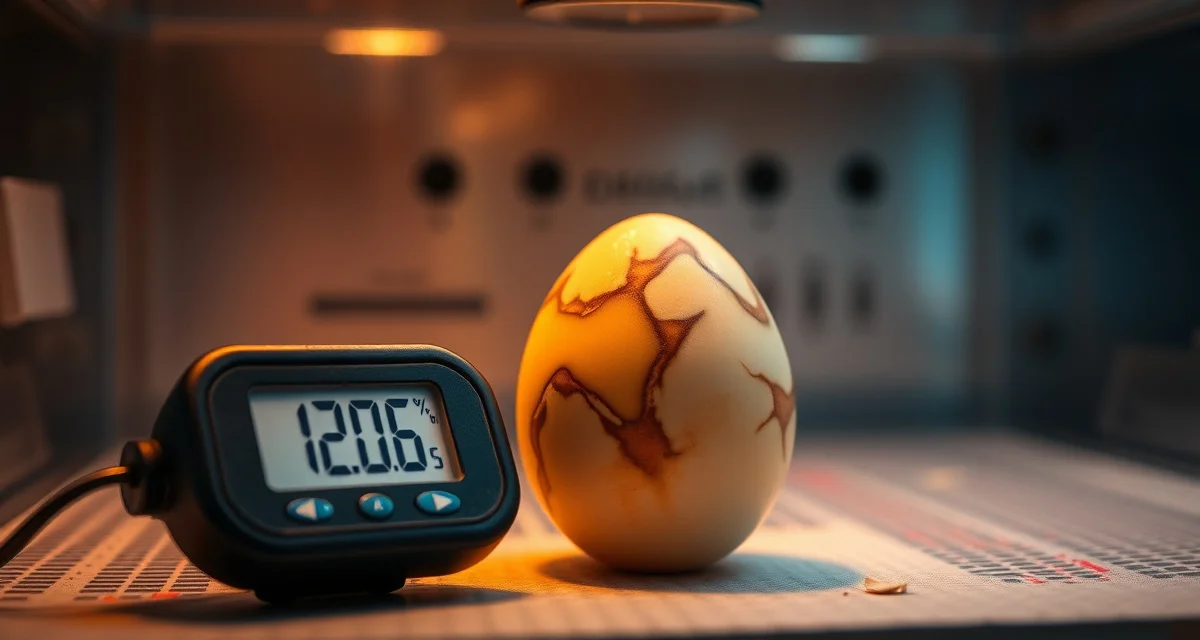 Incubation temperature monitoring for python breeding Ball python egg in incubator with digital thermometer showing temperature for incubation timeline calculation