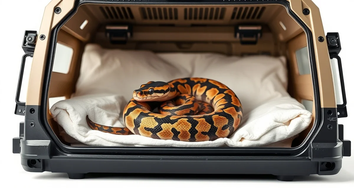Safe ball python shipping container setup Ball python in properly ventilated shipping container with insulation and temperature control for safe interstate transport and compliance.