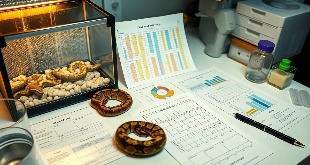 Tracking lifetime production data for breeding ball pythons Ball python lifetime production records tracking chart showing clutch data, offspring viability metrics, and breeding female performance metrics for hatchery management