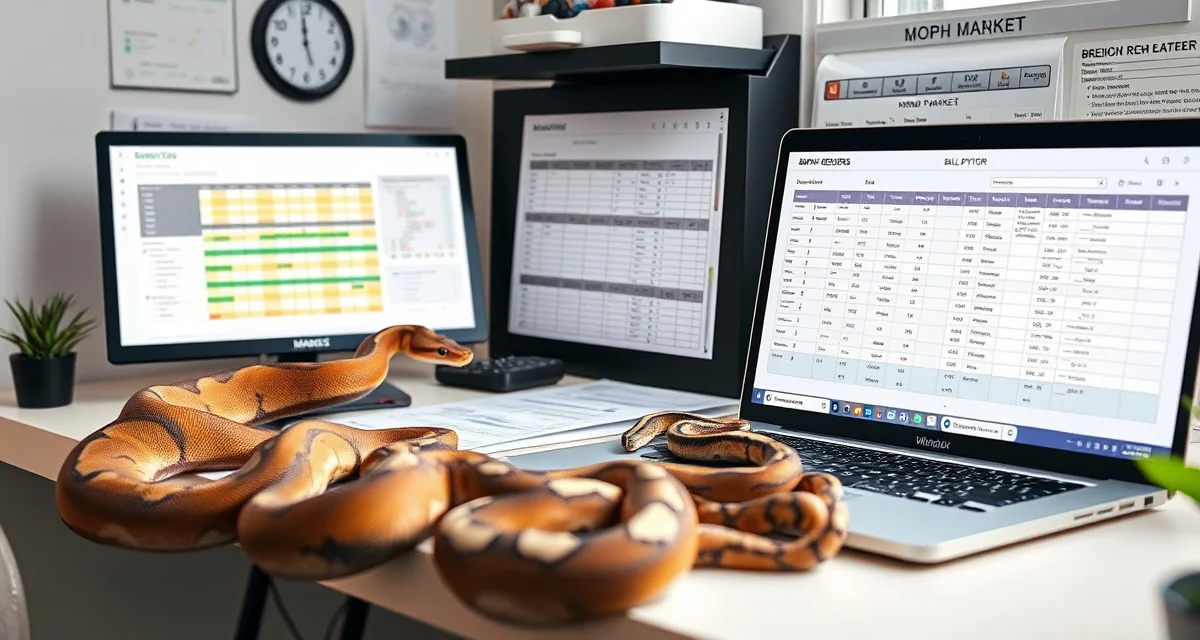 Morph Market Strategy for Ball Python Breeders Ball python breeder reviewing Morph Market listings on laptop with organized breeding records and animal documentation nearby